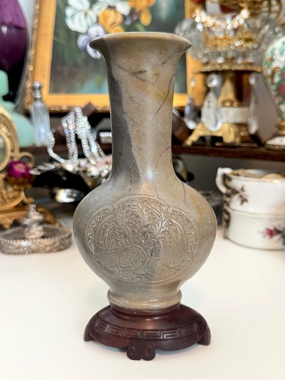 Vintage Chinese Hand-Carved Soapstone Vase – Phoenix & Bat Motif